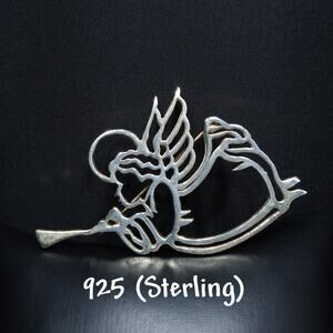 Vintage Sterling Angel Blowing Trumpet Brooch, 925 Silver, 1950s, Christmas Gift